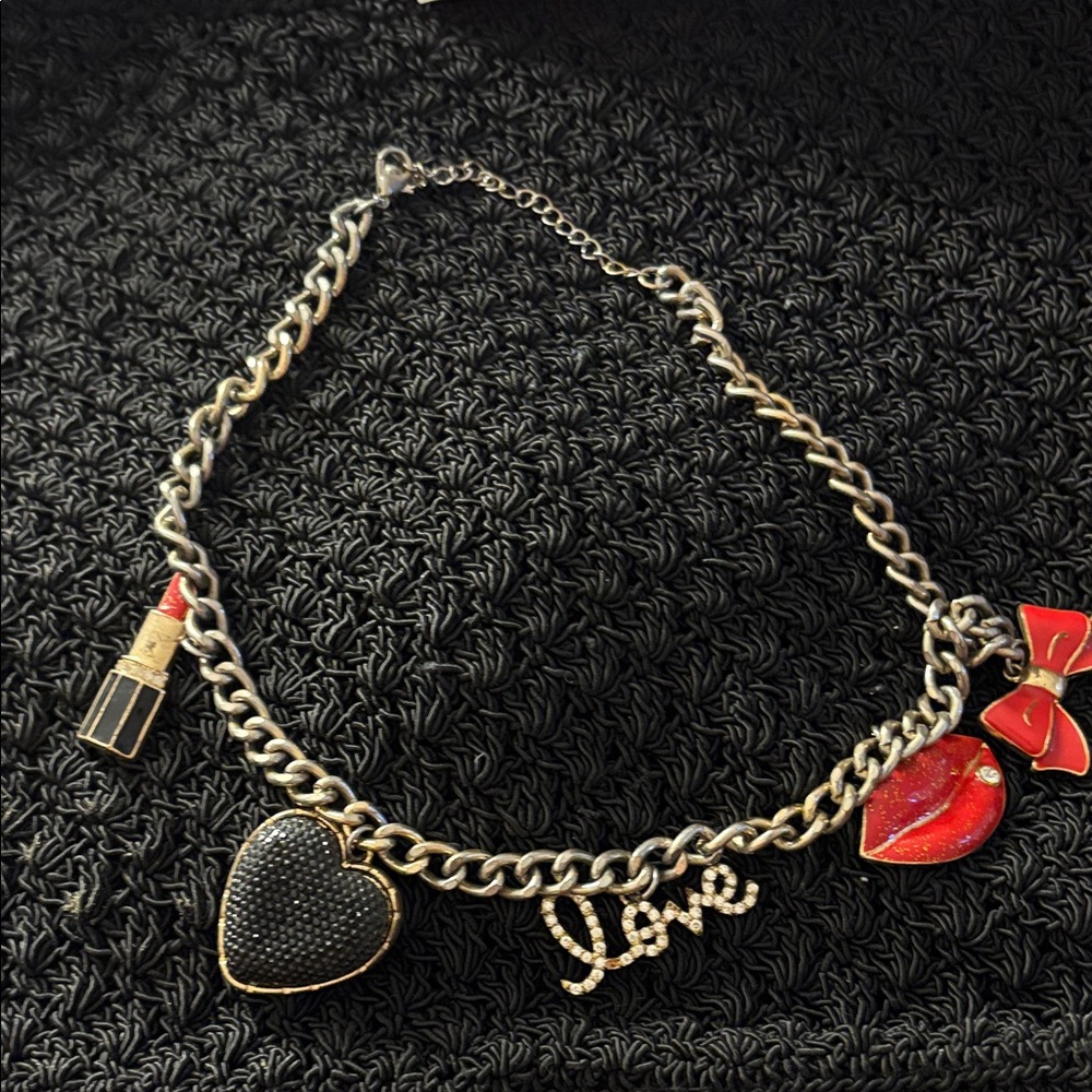 Silver Charm love theme Necklace with Red Accents